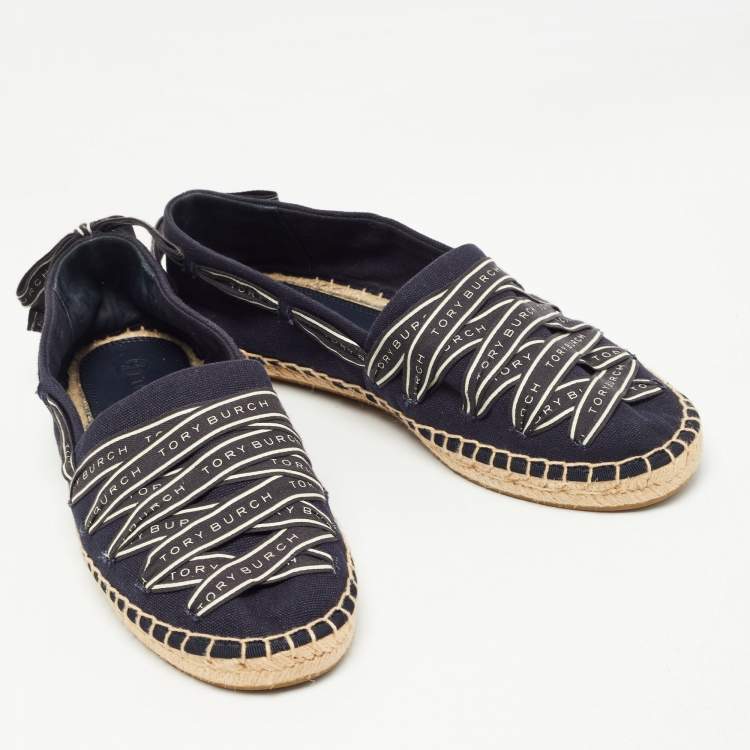 Pre Owned Tory Burch Blue Canvas Bow Slip On Espadrille Loafers Size 41 
