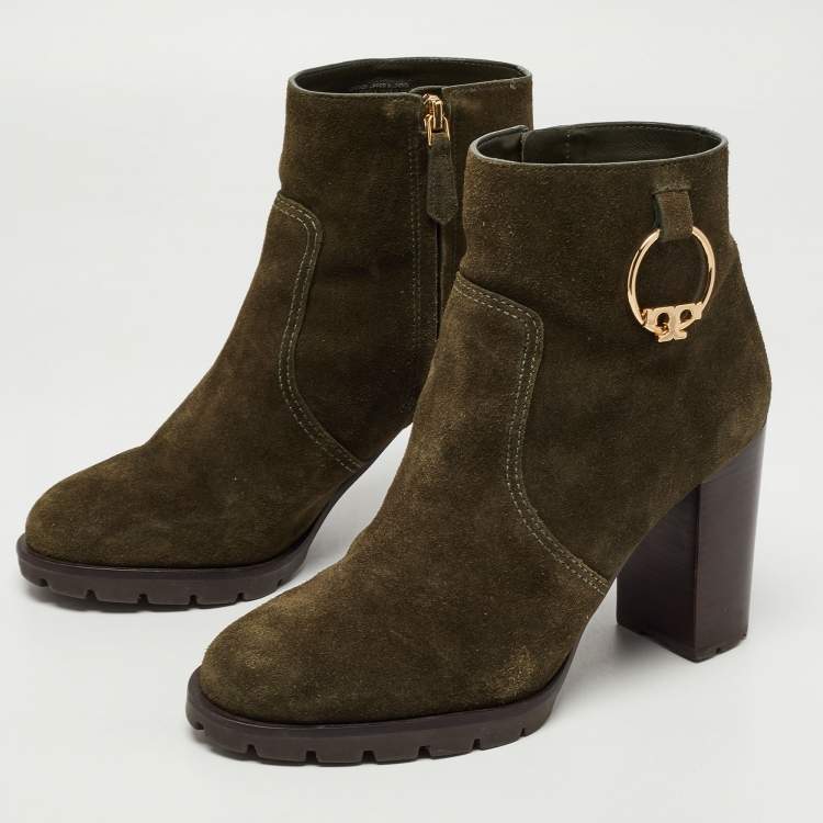 Tory Burch Green Suede Sofia Lugged Logo Charm Ankle Boots Size