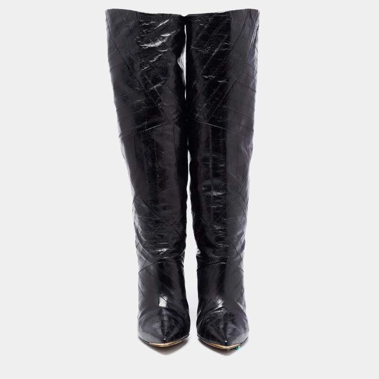 مملوكة مسبقًا Tory Burch Black Eel Leather Knee Length  Boots Size 39