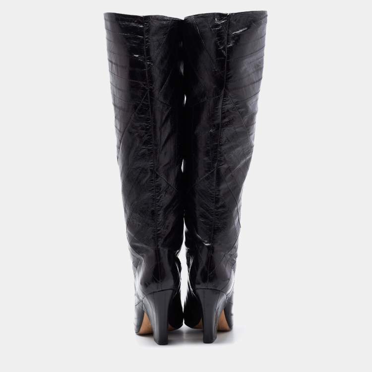 مملوكة مسبقًا Tory Burch Black Eel Leather Knee Length  Boots Size 39