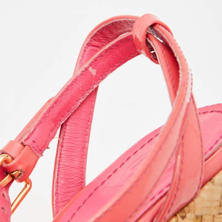 Pre Owned Tory Burch Pink Patent  Leather Dahlia Cork Platform Wedge Sandals Size 38.5