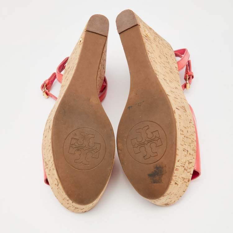 Pre Owned Tory Burch Pink Patent  Leather Dahlia Cork Platform Wedge Sandals Size 38.5