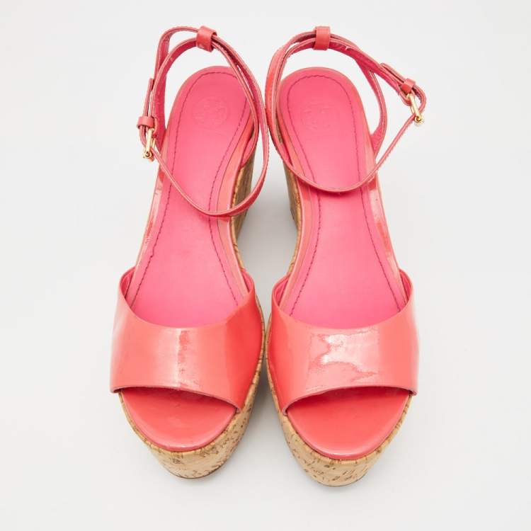 Pre Owned Tory Burch Pink Patent  Leather Dahlia Cork Platform Wedge Sandals Size 38.5