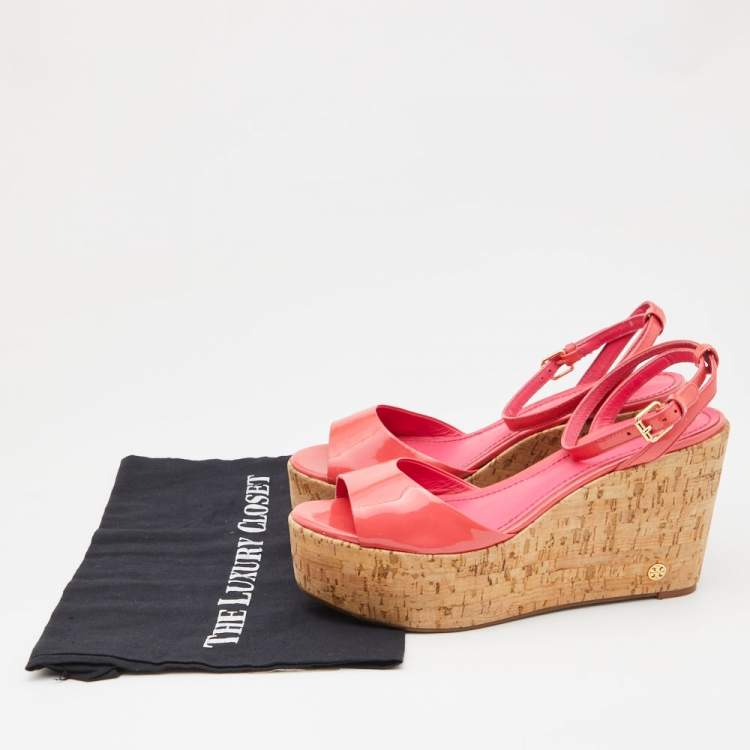 Pre Owned Tory Burch Pink Patent  Leather Dahlia Cork Platform Wedge Sandals Size 38.5