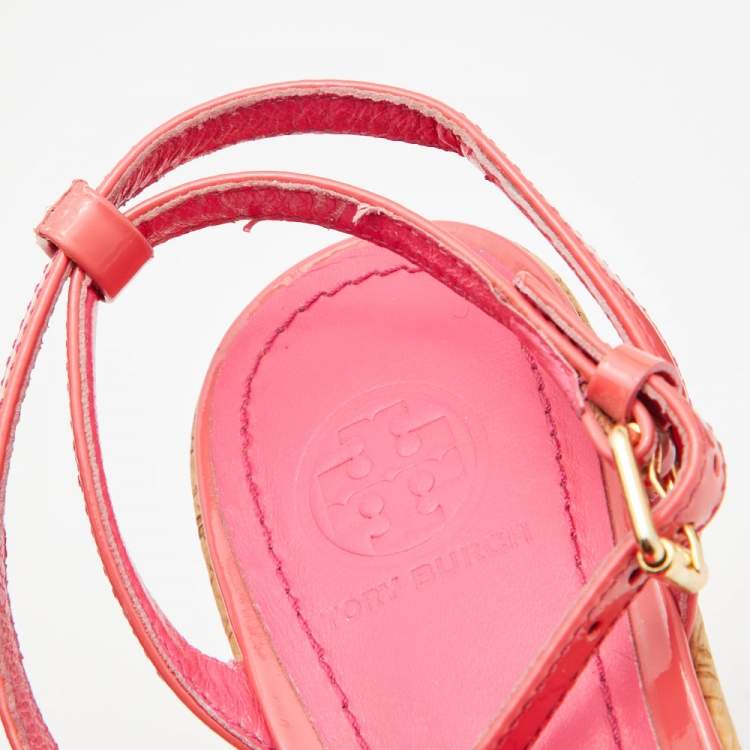 Pre Owned Tory Burch Pink Patent  Leather Dahlia Cork Platform Wedge Sandals Size 38.5