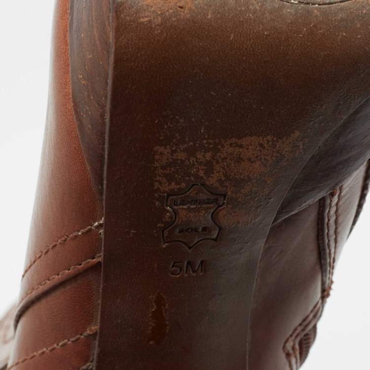 Pre Owned Tory Burch Brown Leather Zip Detail Knee Length Platform Knee Length Boots Size 35