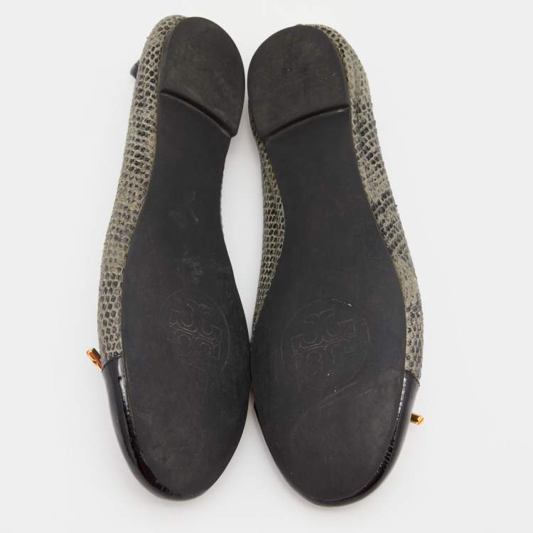 Pre Owned Tory Burch Grey/Black Python Embossed Leather and Patent Leather Ballet Flats Size 38.5