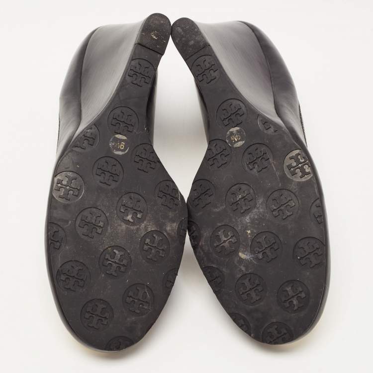 Pre Owned Tory Burch Black Leather Sophie Wedge Pumps Size 39.5