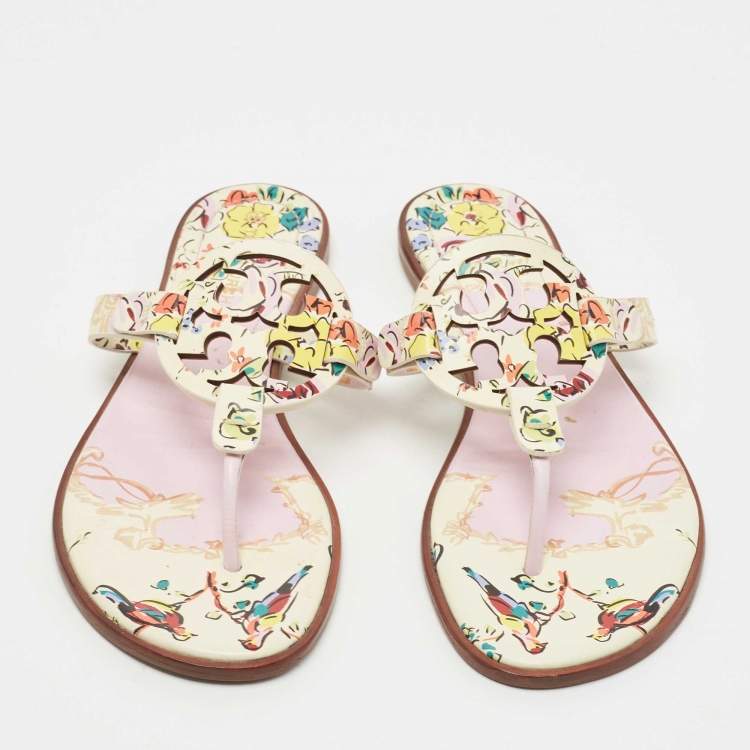 Pre Owned Tory Burch Cream/Pink Printed Leather Miller Thong Flats Size 38.5