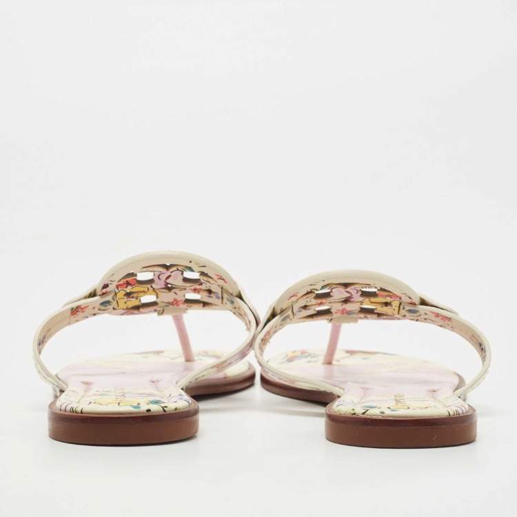 Pre Owned Tory Burch Cream/Pink Printed Leather Miller Thong Flats Size 38.5