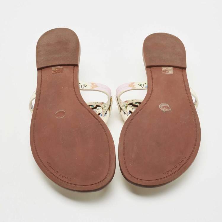 Pre Owned Tory Burch Cream/Pink Printed Leather Miller Thong Flats Size 38.5