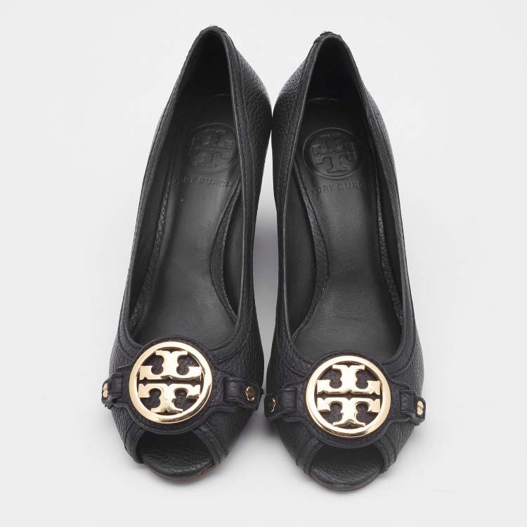 Pre Owned Tory Burch Black Leather Sally 2 Wedge Pumps Size 35