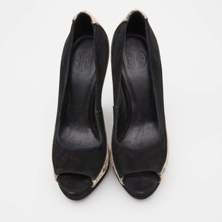 Pre Owned Tory Burch Black/Grey Suede and Python Embossed Leather Sandra Wedge Peep Toe Pumps Size 36.5