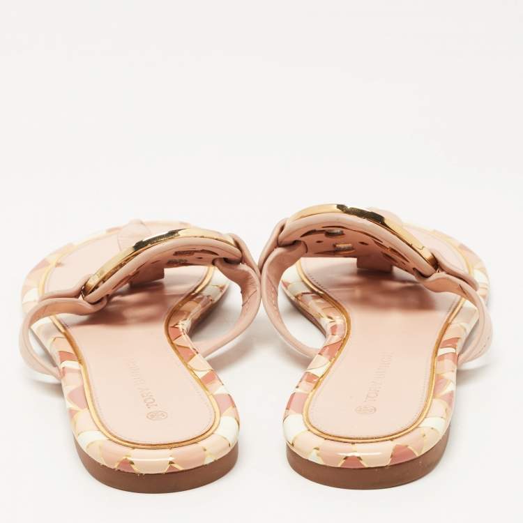 Pre Owned Tory Burch Pink Leather Enamel Logo Miller Thong Flats Size 36.5