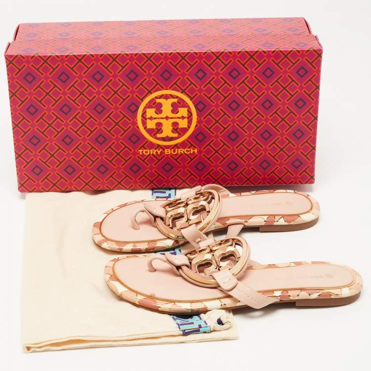 Pre Owned Tory Burch Pink Leather Enamel Logo Miller Thong Flats Size 36.5