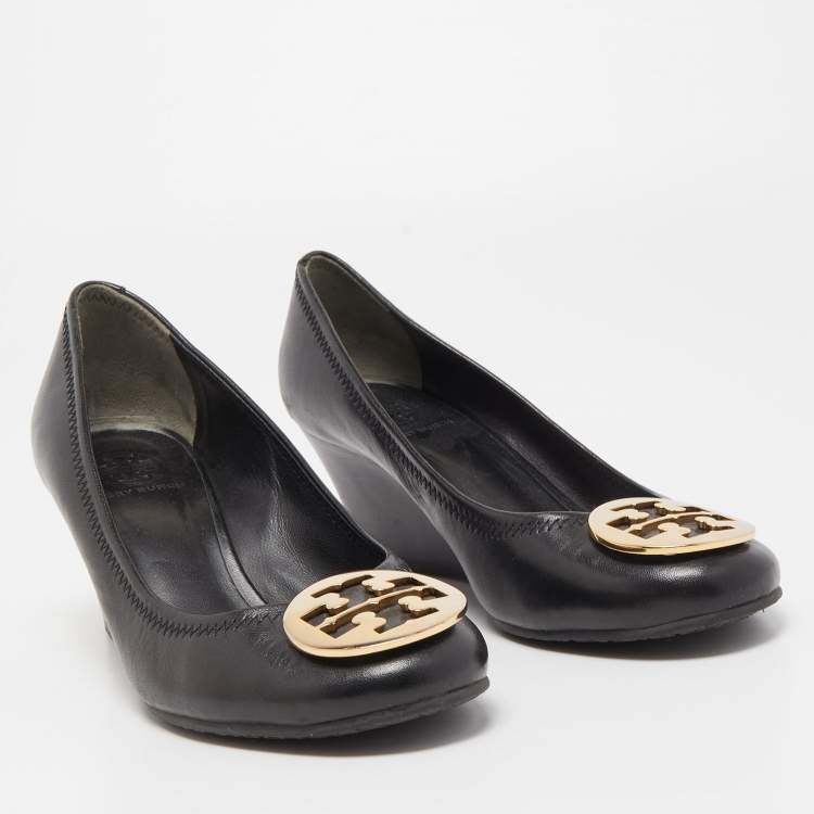 Pre Owned Tory Burch Black Leather Sophie Wedge Pumps Size 39.5 