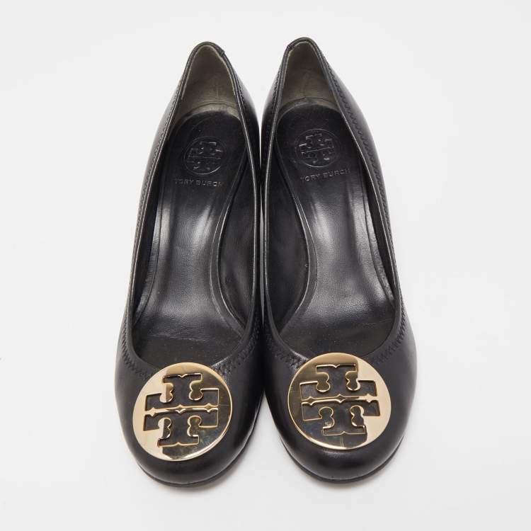 Pre Owned Tory Burch Black Leather Sophie Wedge Pumps Size 39.5 