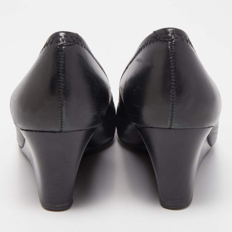 Pre Owned Tory Burch Black Leather Sophie Wedge Pumps Size 39.5 