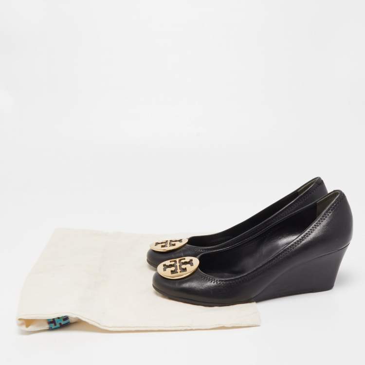 Pre Owned Tory Burch Black Leather Sophie Wedge Pumps Size 39.5 