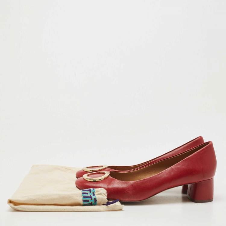 مملوكة مسبقًا Tory Burch Red Leather Caterina Block Heel Pumps Size 39