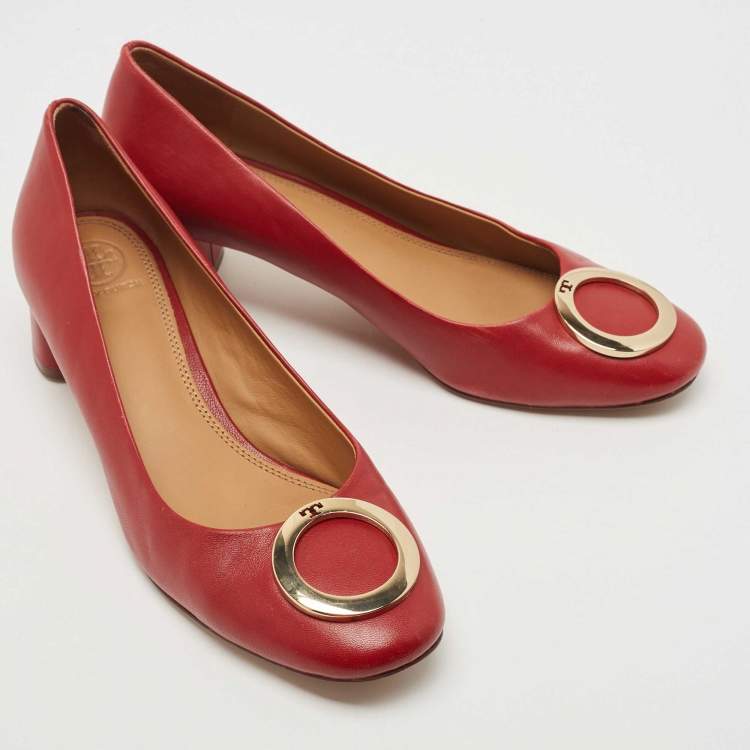 مملوكة مسبقًا Tory Burch Red Leather Caterina Block Heel Pumps Size 39