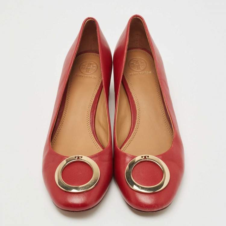 مملوكة مسبقًا Tory Burch Red Leather Caterina Block Heel Pumps Size 39