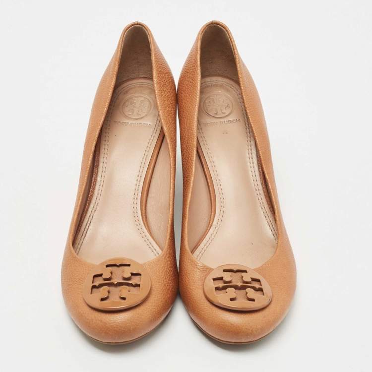 Pre Owned Tory Burch Brown Leather Wedge Pumps Size 37