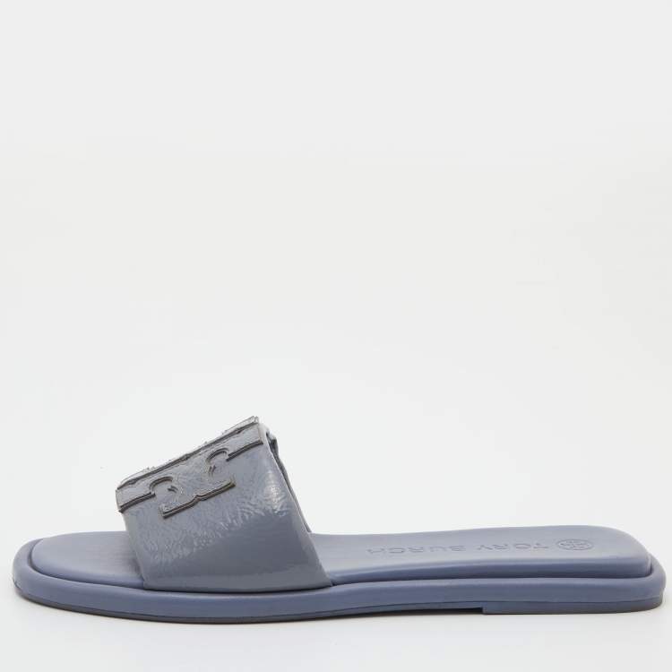 Pre Owned Tory Burch Ash Blue Patent Leather Double T Sport Slides Size 39.5