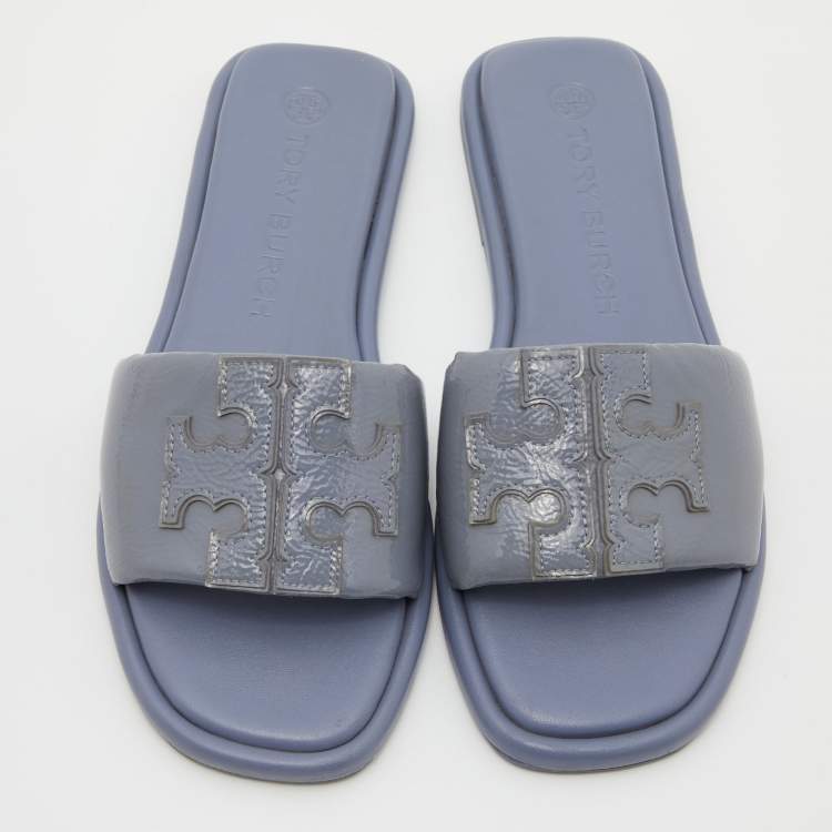 Pre Owned Tory Burch Ash Blue Patent Leather Double T Sport Slides Size 39.5