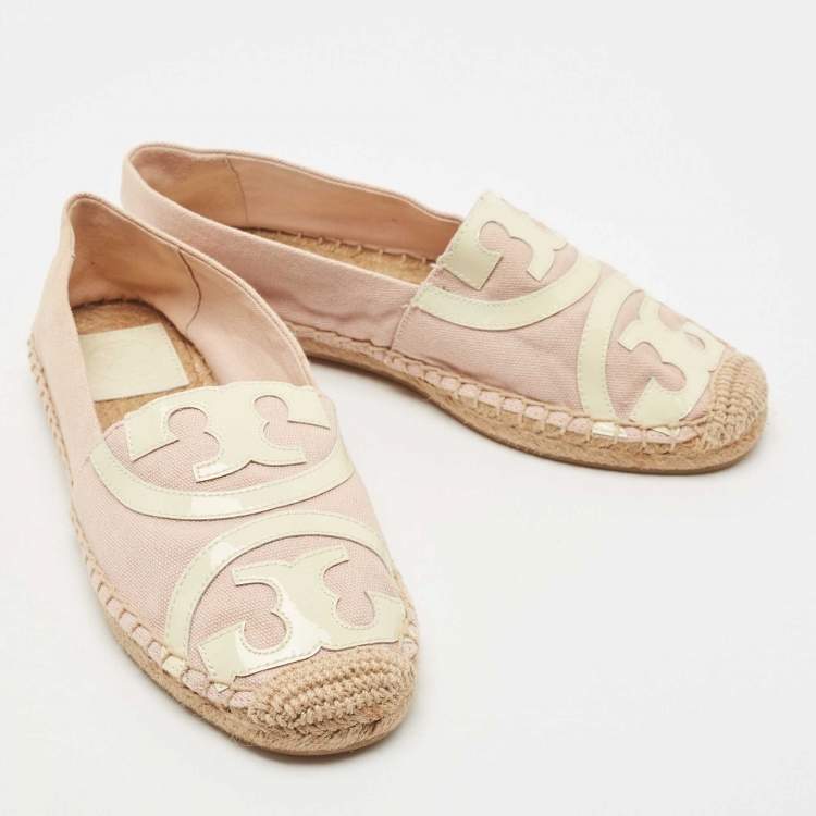 Pre Owned Tory Burch Pink/Off White Canvas and Patent Leather Poppy Espadrille Flats Size 37