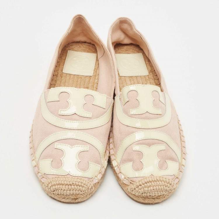 Pre Owned Tory Burch Pink/Off White Canvas and Patent Leather Poppy Espadrille Flats Size 37