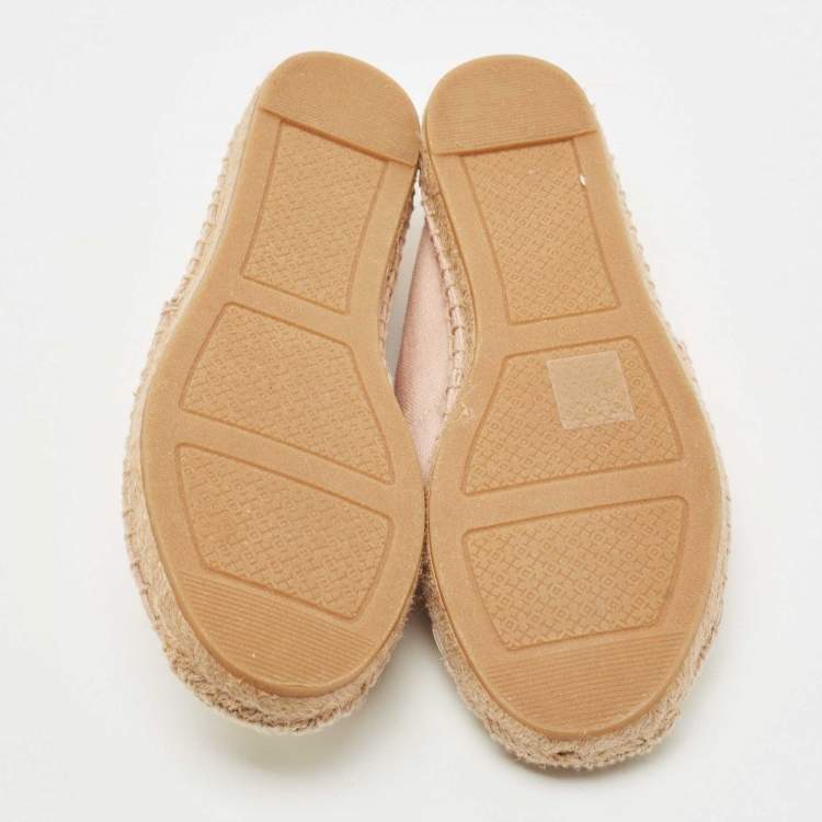 Pre Owned Tory Burch Pink/Off White Canvas and Patent Leather Poppy Espadrille Flats Size 37