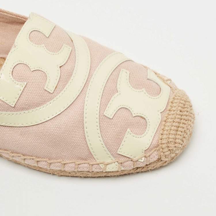 Pre Owned Tory Burch Pink/Off White Canvas and Patent Leather Poppy Espadrille Flats Size 37