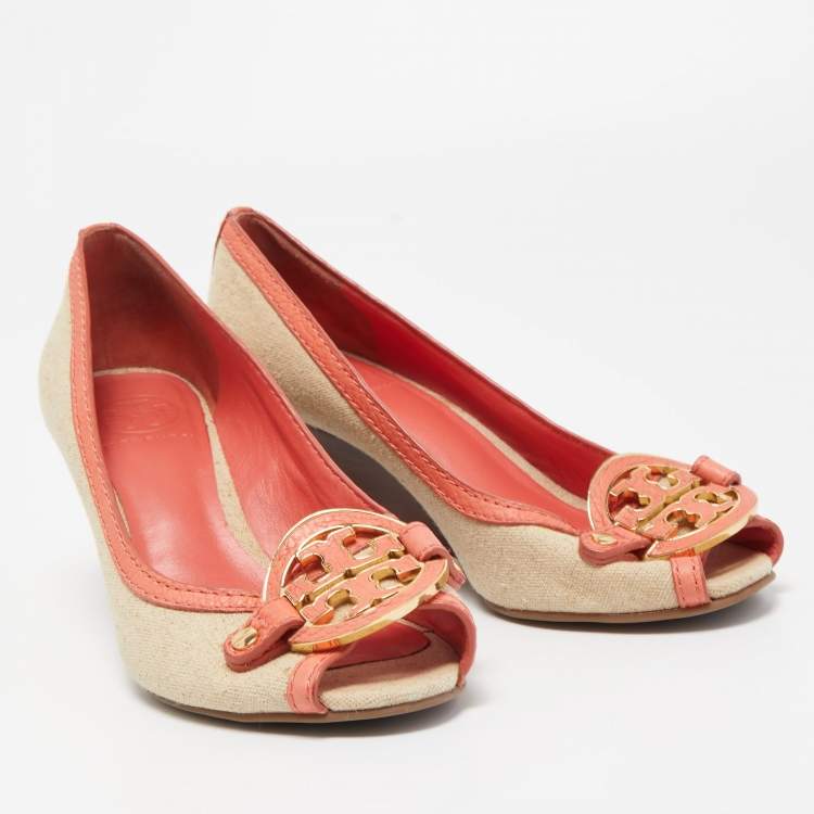 Pre Owned Tory Burch Coral Orange/Beige Leather and Canvas Amanda Peep Toe Wedge Pumps Size 37.5