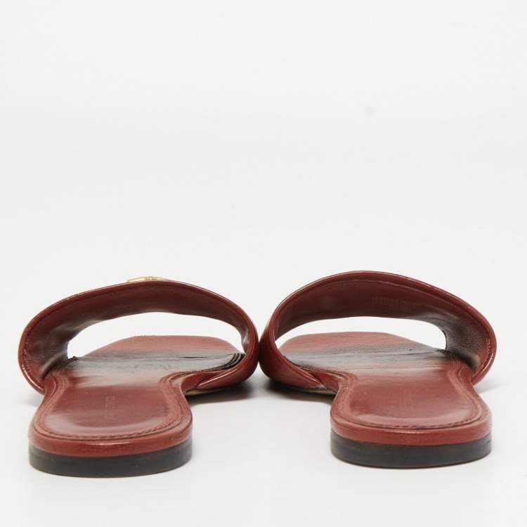 Pre Owned Tory Burch Brown Leather Eleanor Flat Slides Size 38.5
