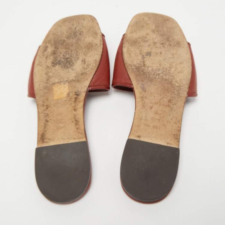 Pre Owned Tory Burch Brown Leather Eleanor Flat Slides Size 38.5