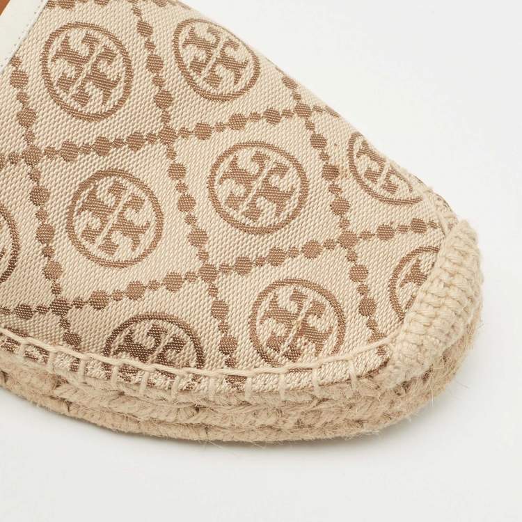 Pre Owned Tory Burch Brown/Beige T Monogram Canvas And Leather Espadrille Loafers Size 38.5