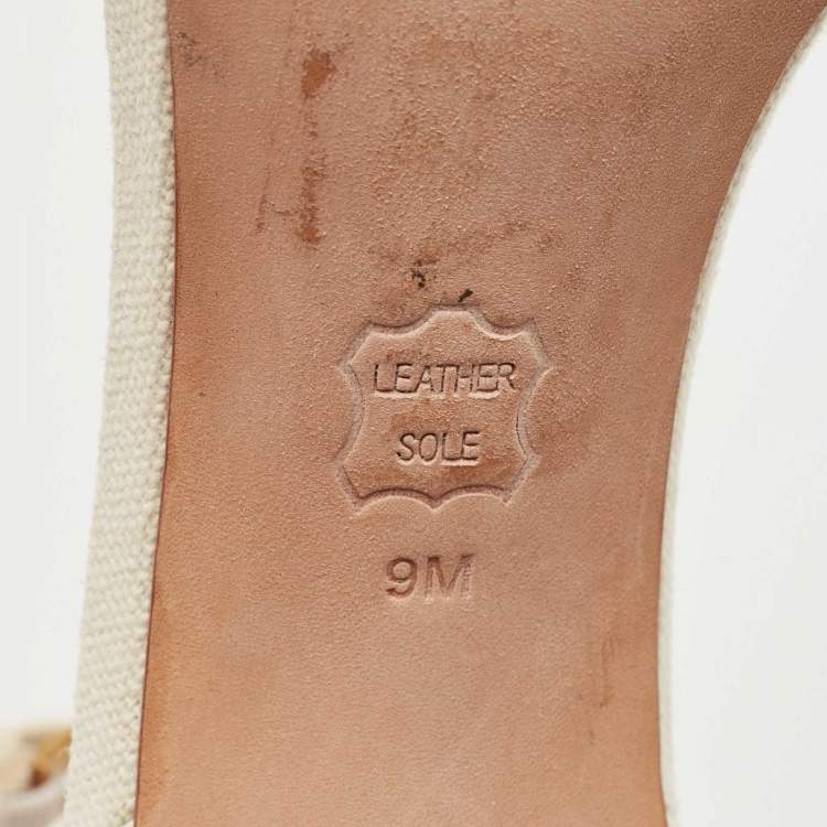 Pre Owned Tory Burch Off-White Embroidered Canvas Ankle Strap Sandals Size 39