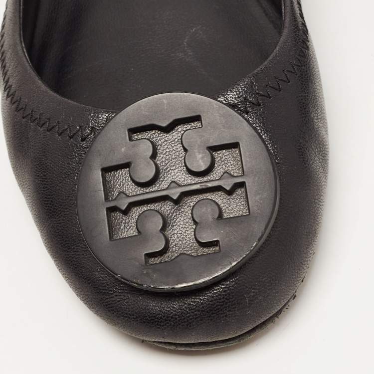 مملوكة مسبقًا Tory Burch Black Leather Minnie Ballet Flats Size 36