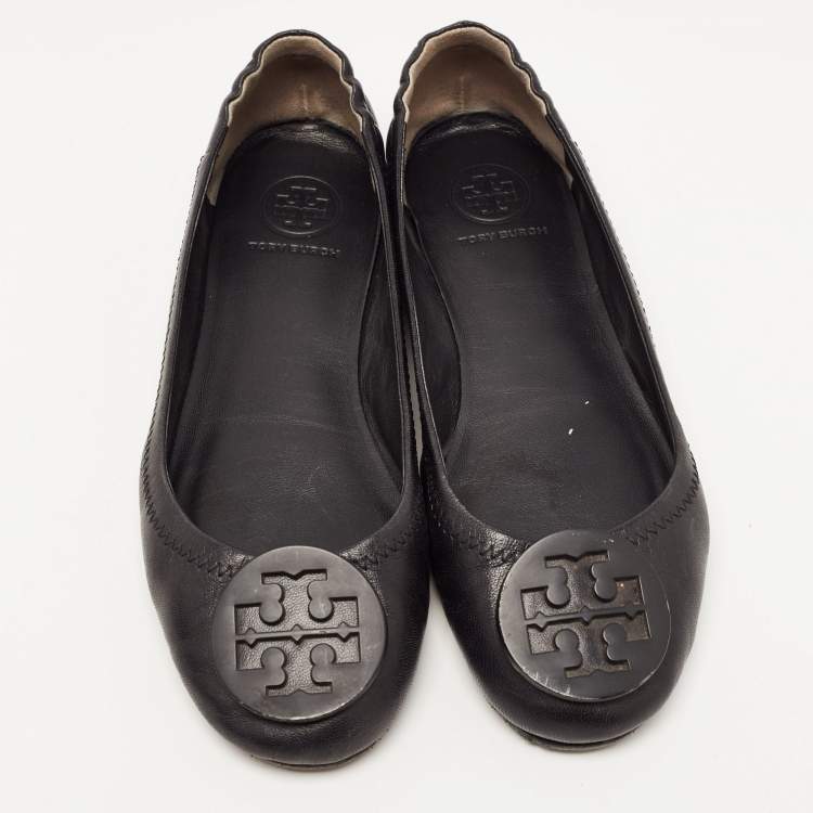 مملوكة مسبقًا Tory Burch Black Leather Minnie Ballet Flats Size 36