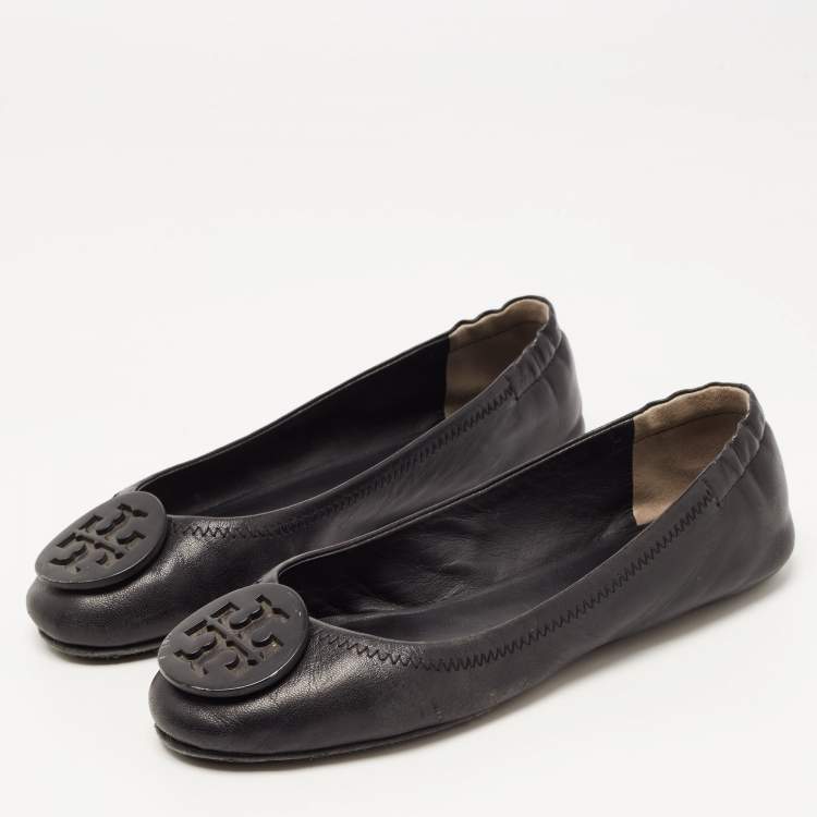 مملوكة مسبقًا Tory Burch Black Leather Minnie Ballet Flats Size 36