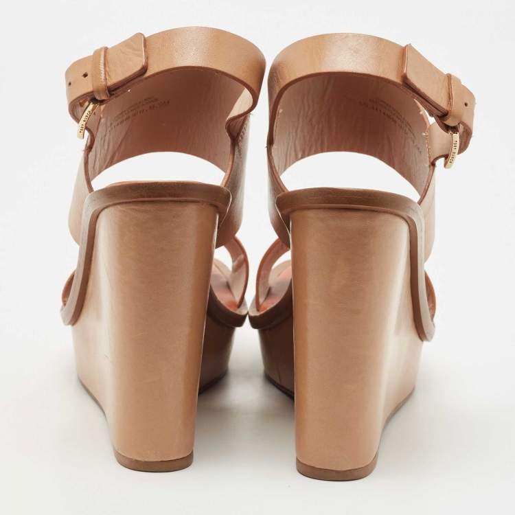 Pre Owned Tory Burch Beige Leather Lexington Wedge Sandals Size 39.5