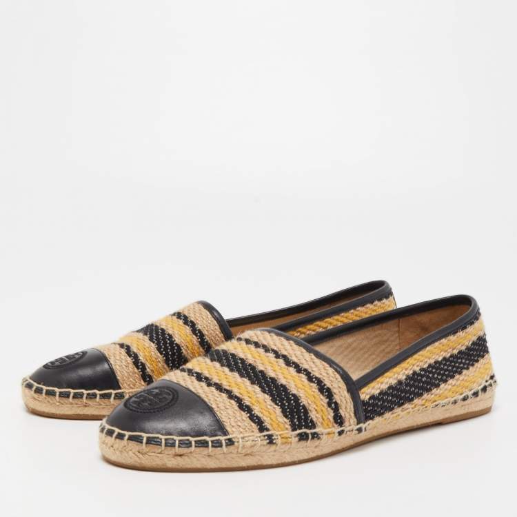 مملوكة مسبقًا Tory Burch Black/Beige Leather and Jute Espadrille Flats Size 39.5