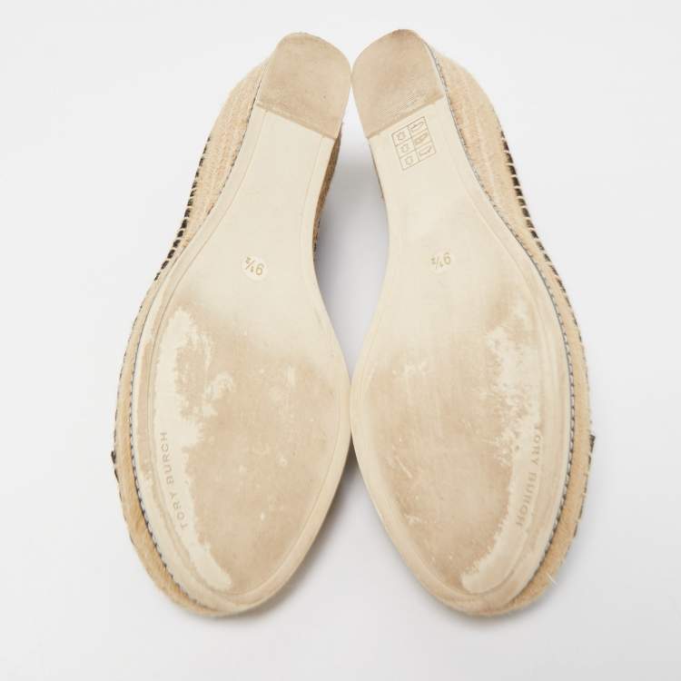 Pre Owned Tory Burch Black Canvas and Leather Wedge Espadrille Flats Size 39.5