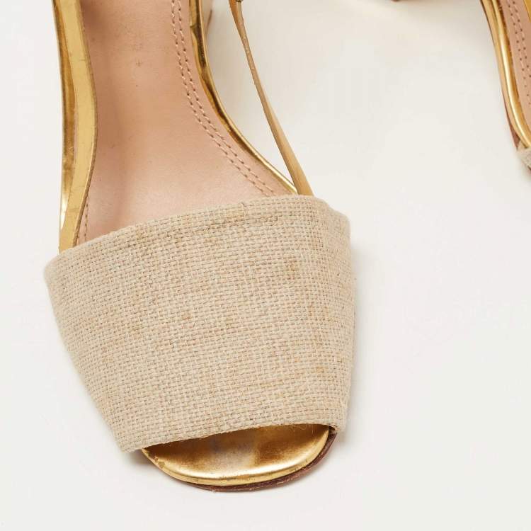 Pre Owned Tory Burch Gold/Beige Leather and Canvas Curio Sandals Size 39.5