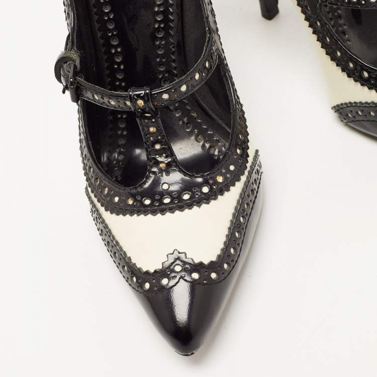 مملوكة مسبقًا Tory Burch Black/White Brogue Leather Everly Pumps Size 39.5