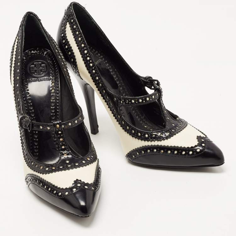 مملوكة مسبقًا Tory Burch Black/White Brogue Leather Everly Pumps Size 39.5