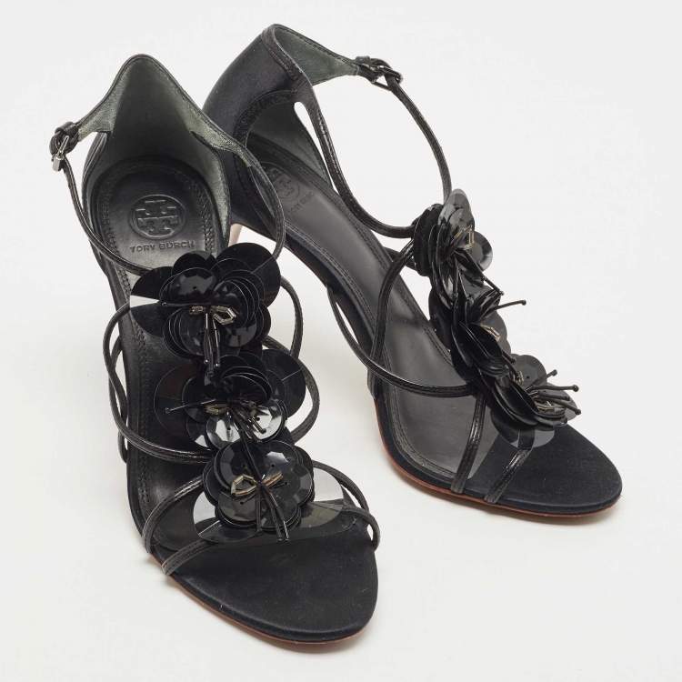 Pre Owned Tory Burch Black Leather Blossom Floral Embellished Sandals Size 38