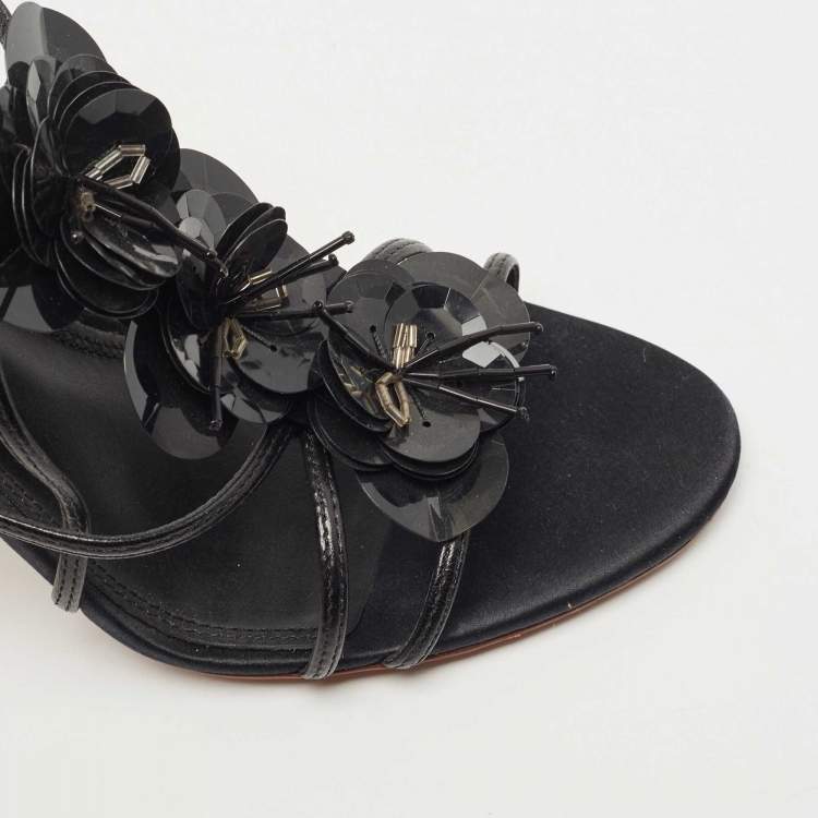 Pre Owned Tory Burch Black Leather Blossom Floral Embellished Sandals Size 38