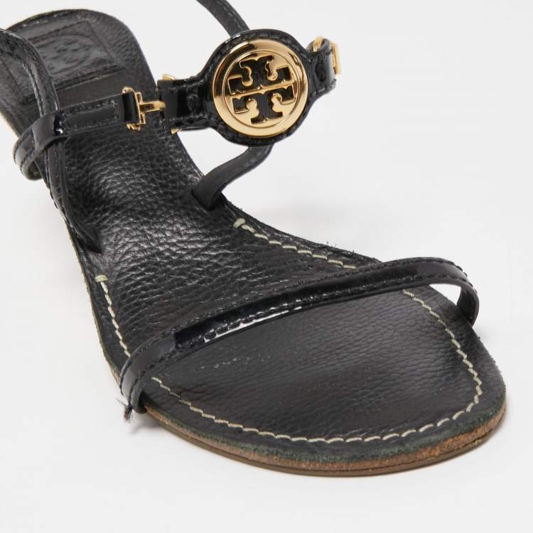 Pre Owned Tory Burch Black Patent and Leather Ankle Strap Sandals Size 39.5